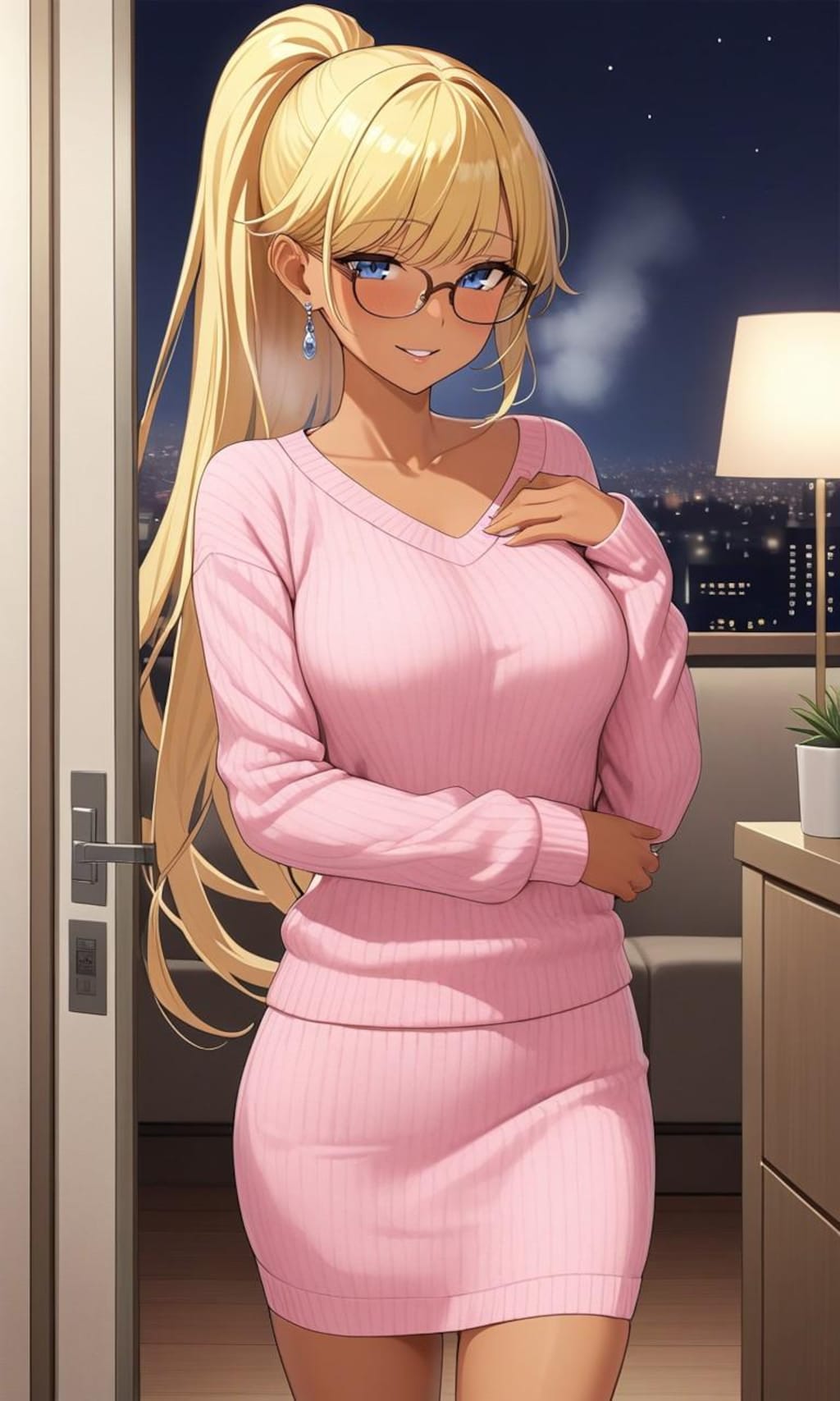 ピンクセーターを着た金髪ポニーテール少女