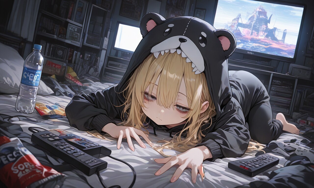 汚部屋で食っちゃ寝ゲーム三昧 | の人気AIイラスト・グラビア