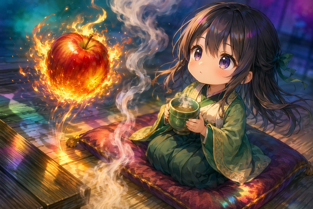 ホットアップルを作る(レシピは、魔法によって超高速浮揚するリンゴを重力場で相殺して停止したリンゴと慣性で高速運動する下側空気との相対速度による摩擦で発火させる)