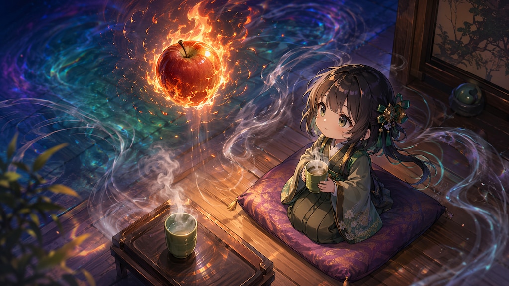 ホットアップルを作る(レシピは、魔法によって超高速浮揚するリンゴを重力場で相殺して停止したリンゴと慣性で高速運動する下側空気との相対速度による摩擦で発火させる)