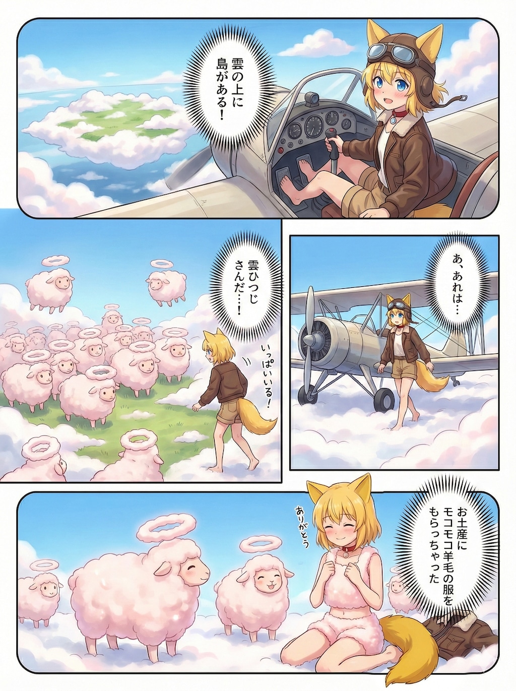 天空の島に住むひつじさん達と遭遇するキツネ