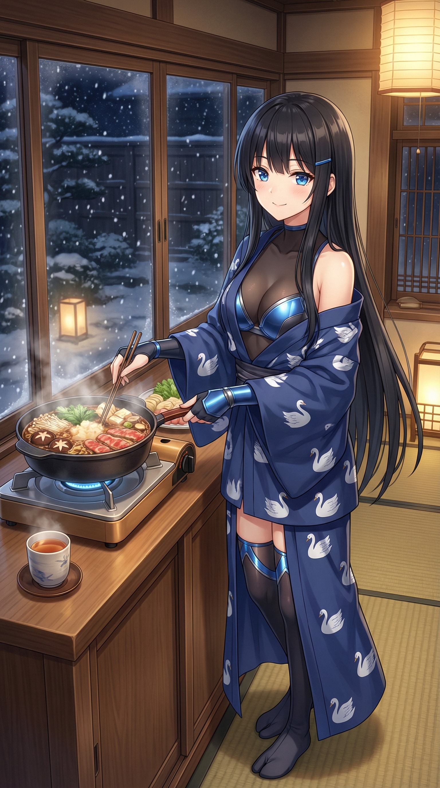 浴衣ですき焼きを作る葵さん