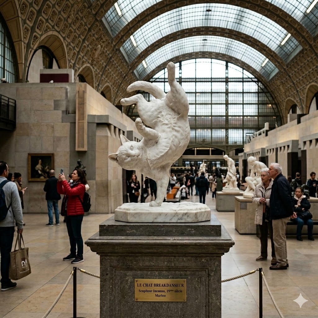 ブレイクダンスをする猫の大理石像