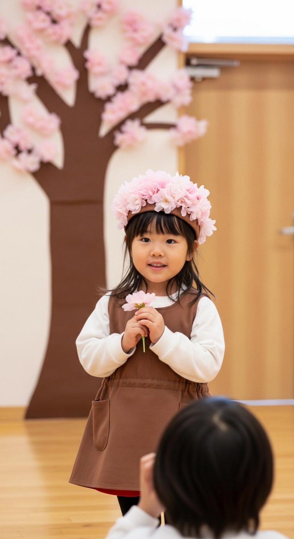 お遊戯会で桜の木を演じる愛娘