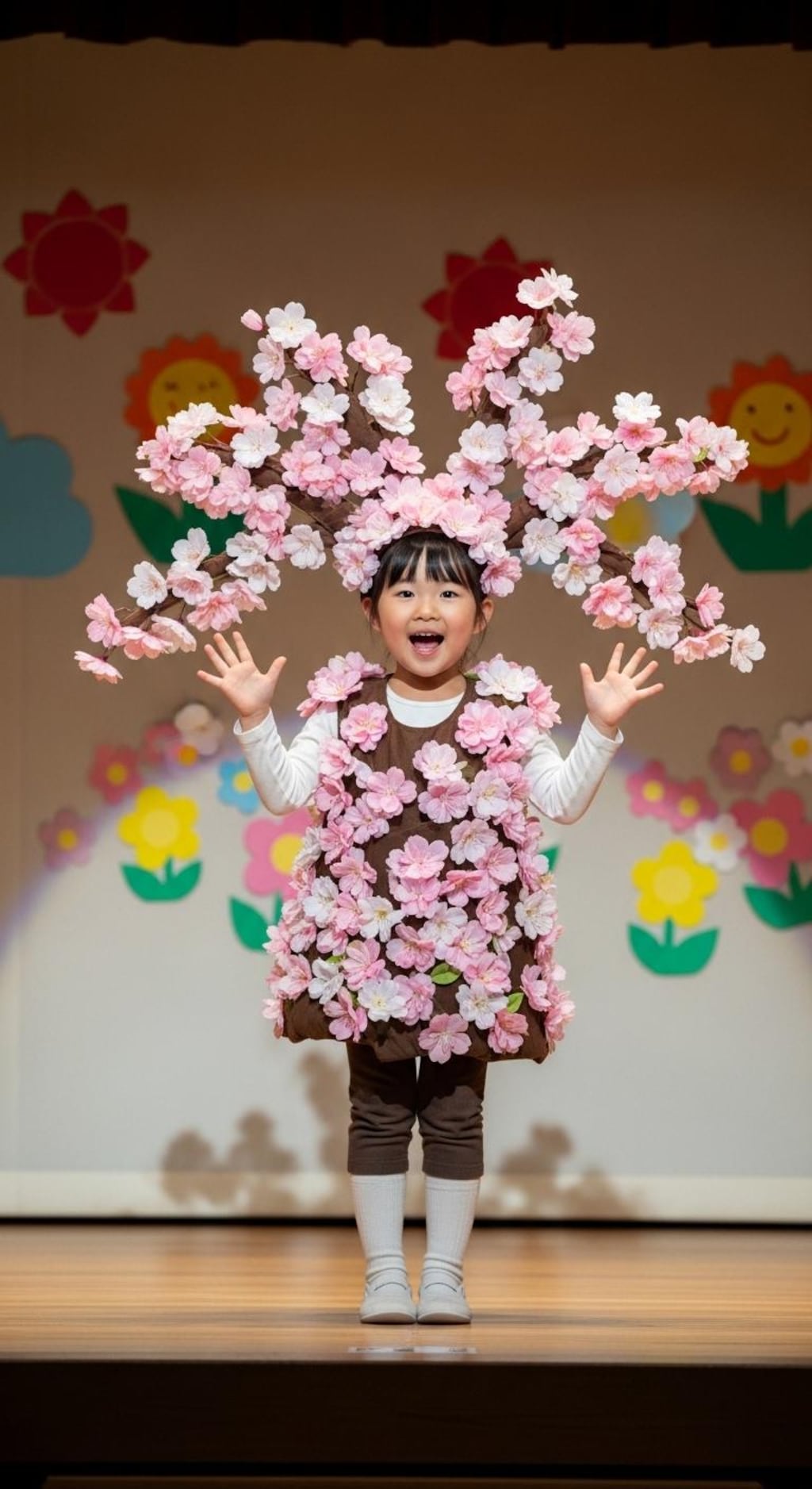 お遊戯会で桜の木を演じる愛娘