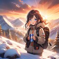山頂でビールとともに雪景色を楽しむ小さな女の子 2枚目