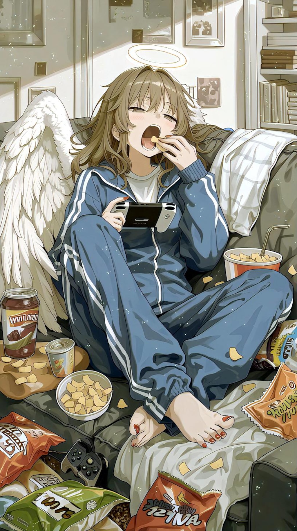 お菓子とゲームに耽る天使