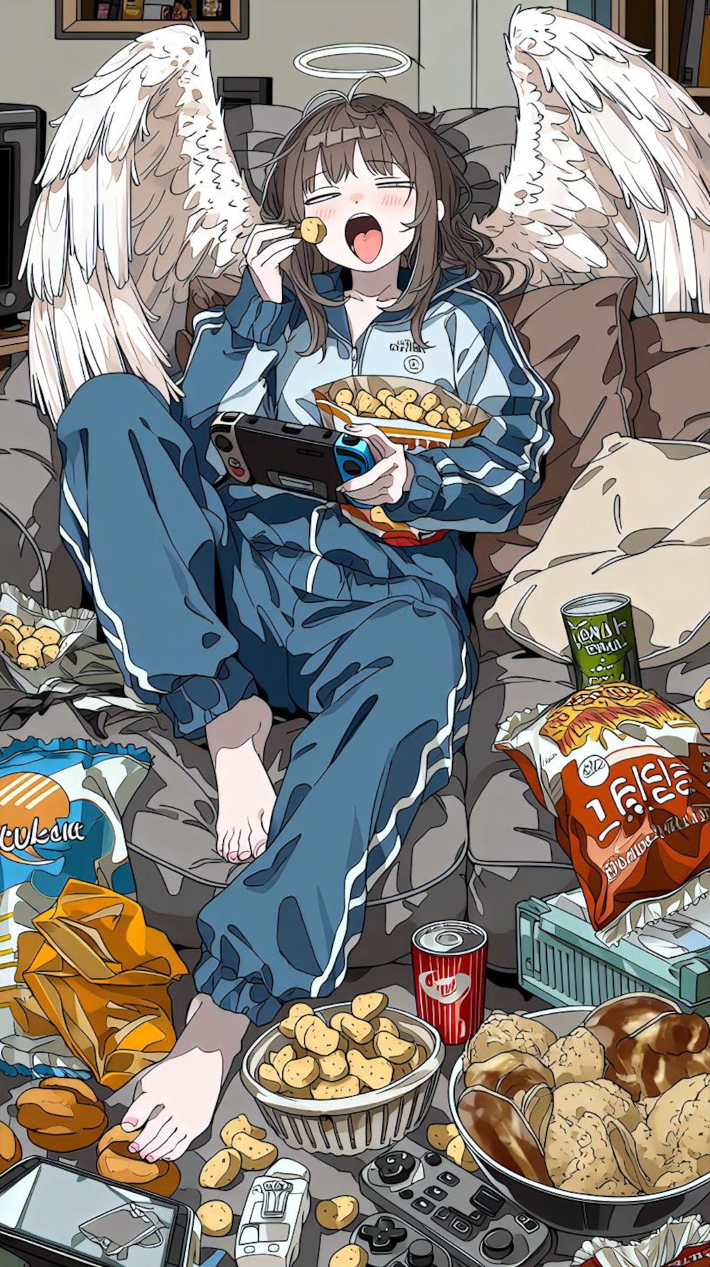 お菓子とゲームに耽る天使