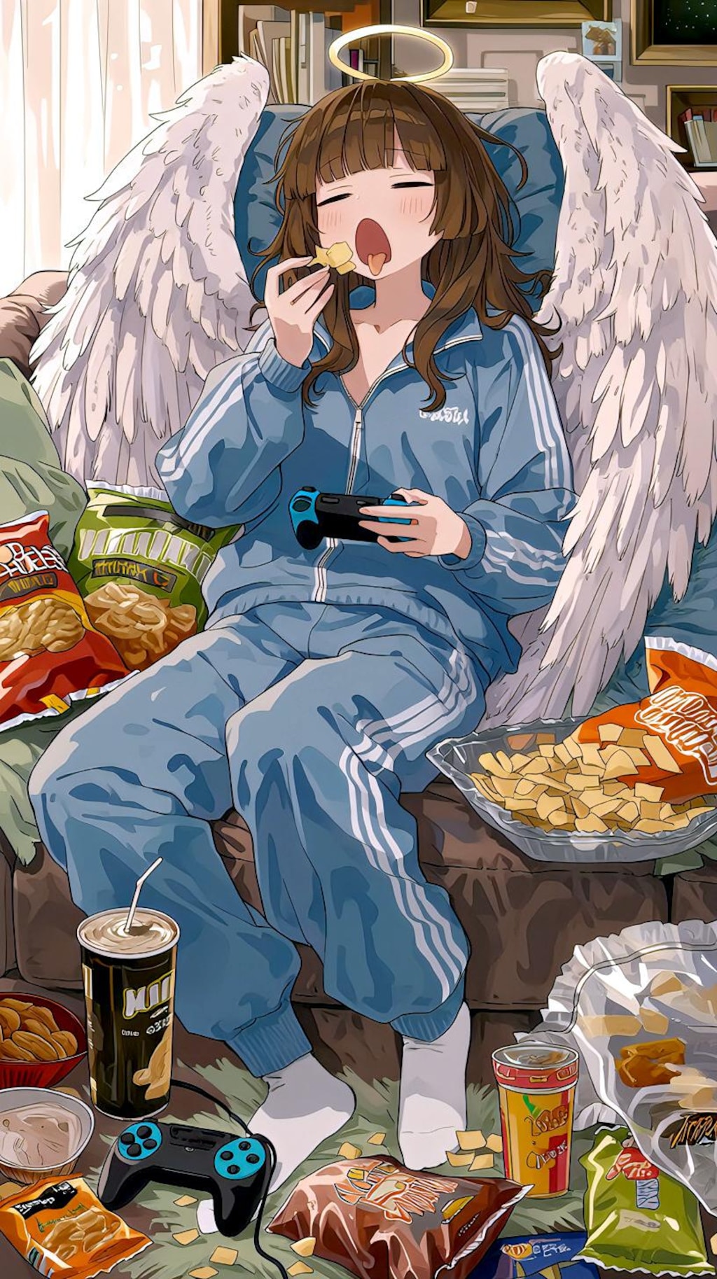 お菓子とゲームに耽る天使