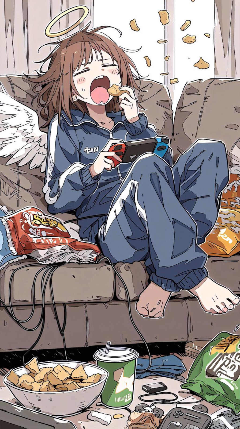 お菓子とゲームに耽る天使