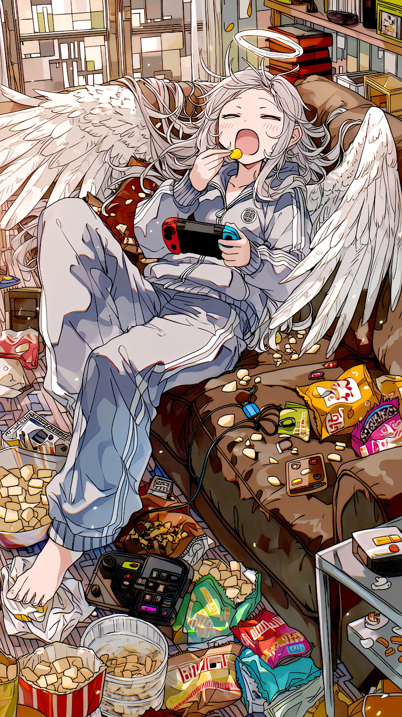 お菓子とゲームに耽る天使 | の人気AIイラスト・グラビア