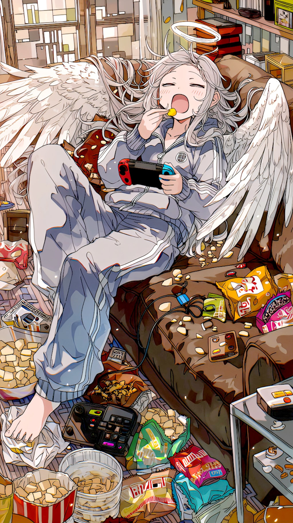 お菓子とゲームに耽る天使