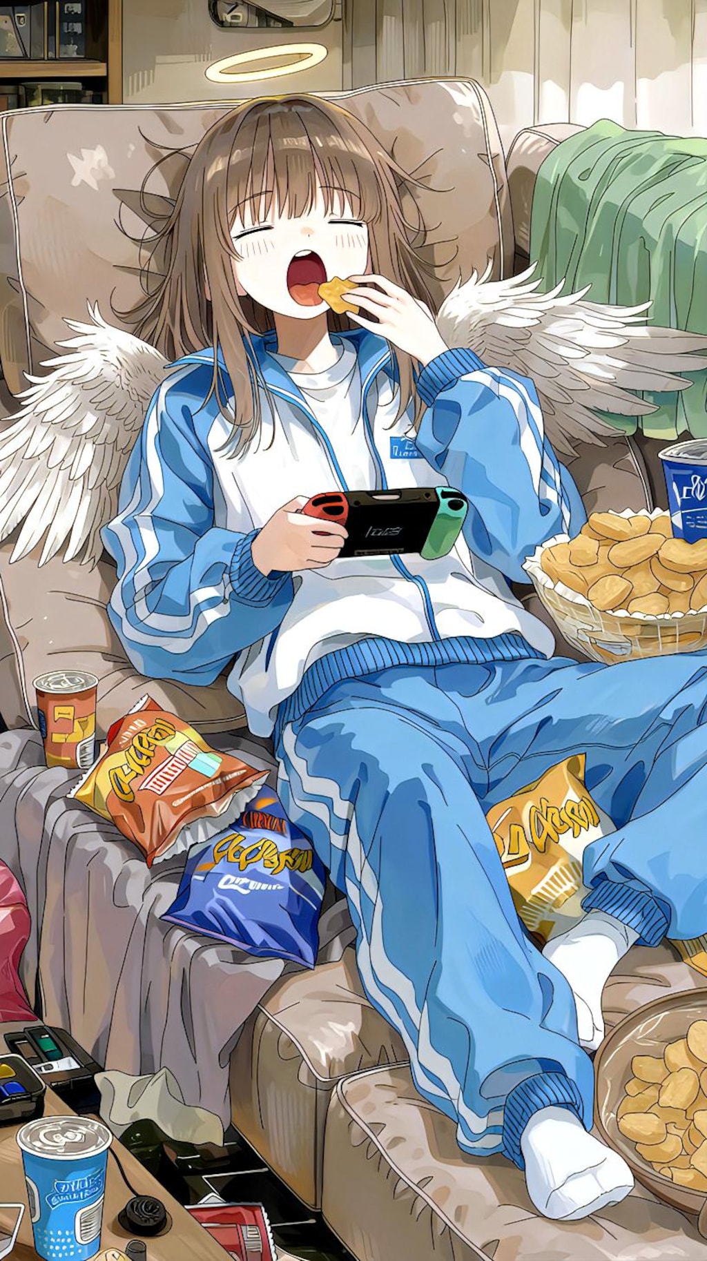お菓子とゲームに耽る天使