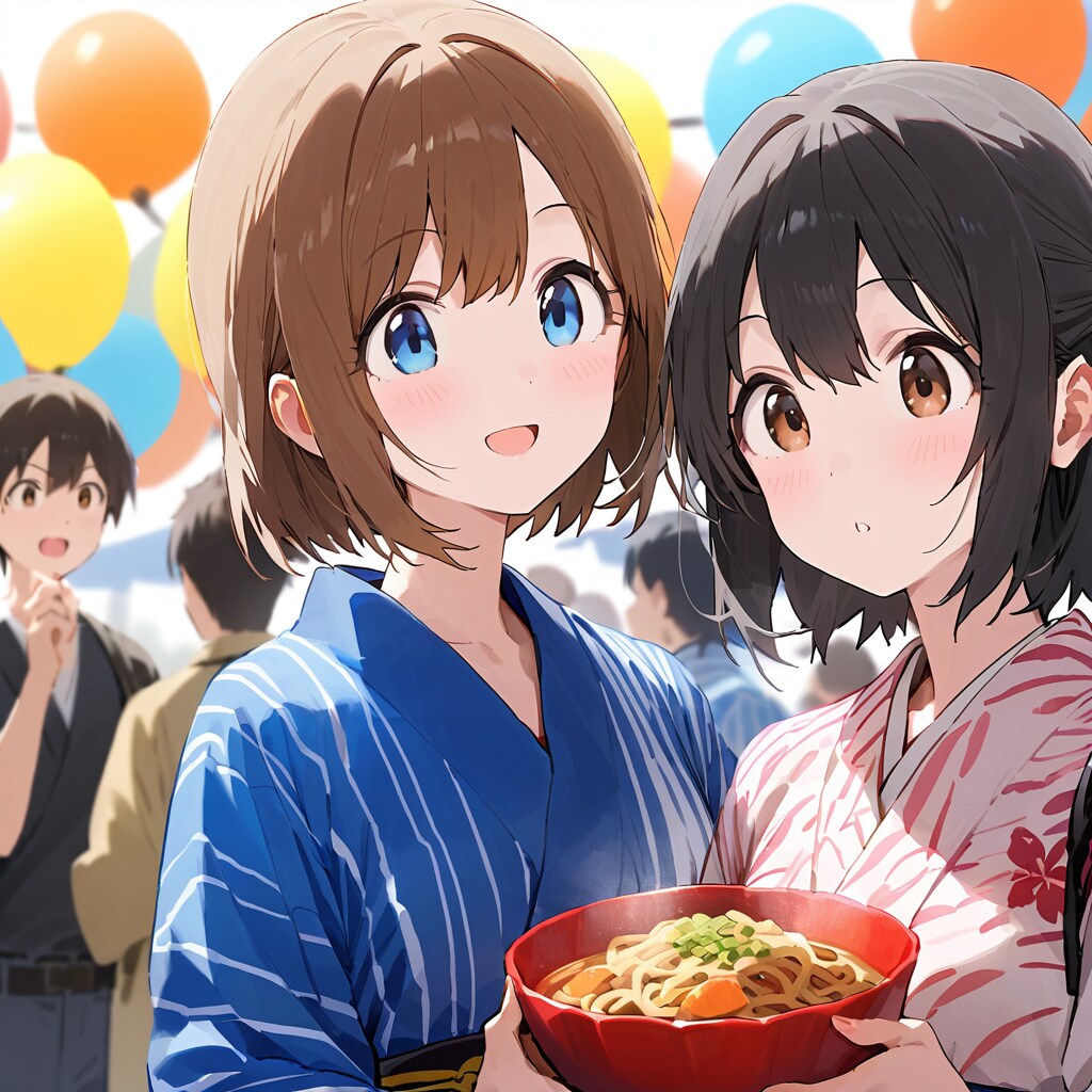 屋台メシを平らげるメイド3号とメイド13号