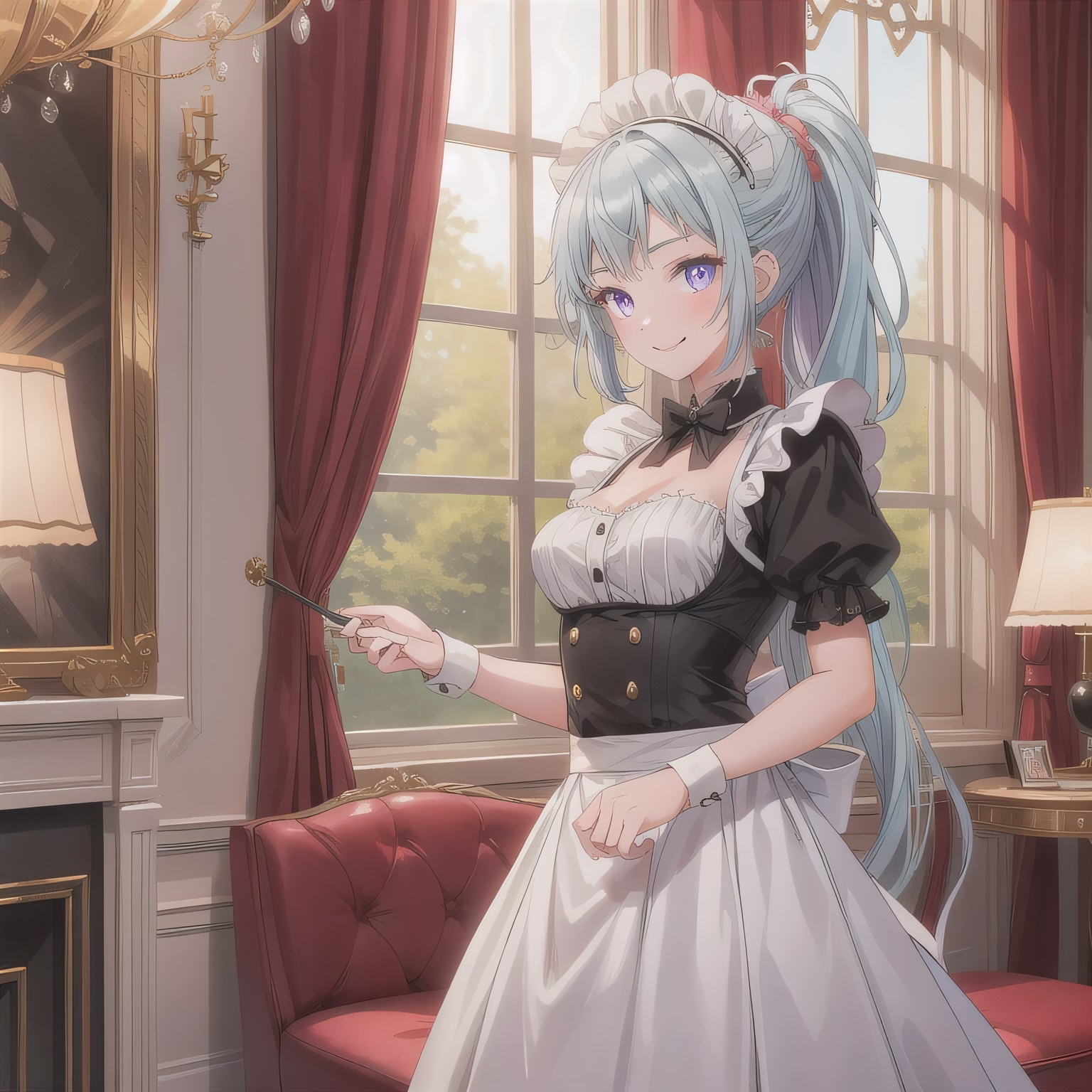 青髪ポニテでメイド服の少女 | の人気AIイラスト・グラビア