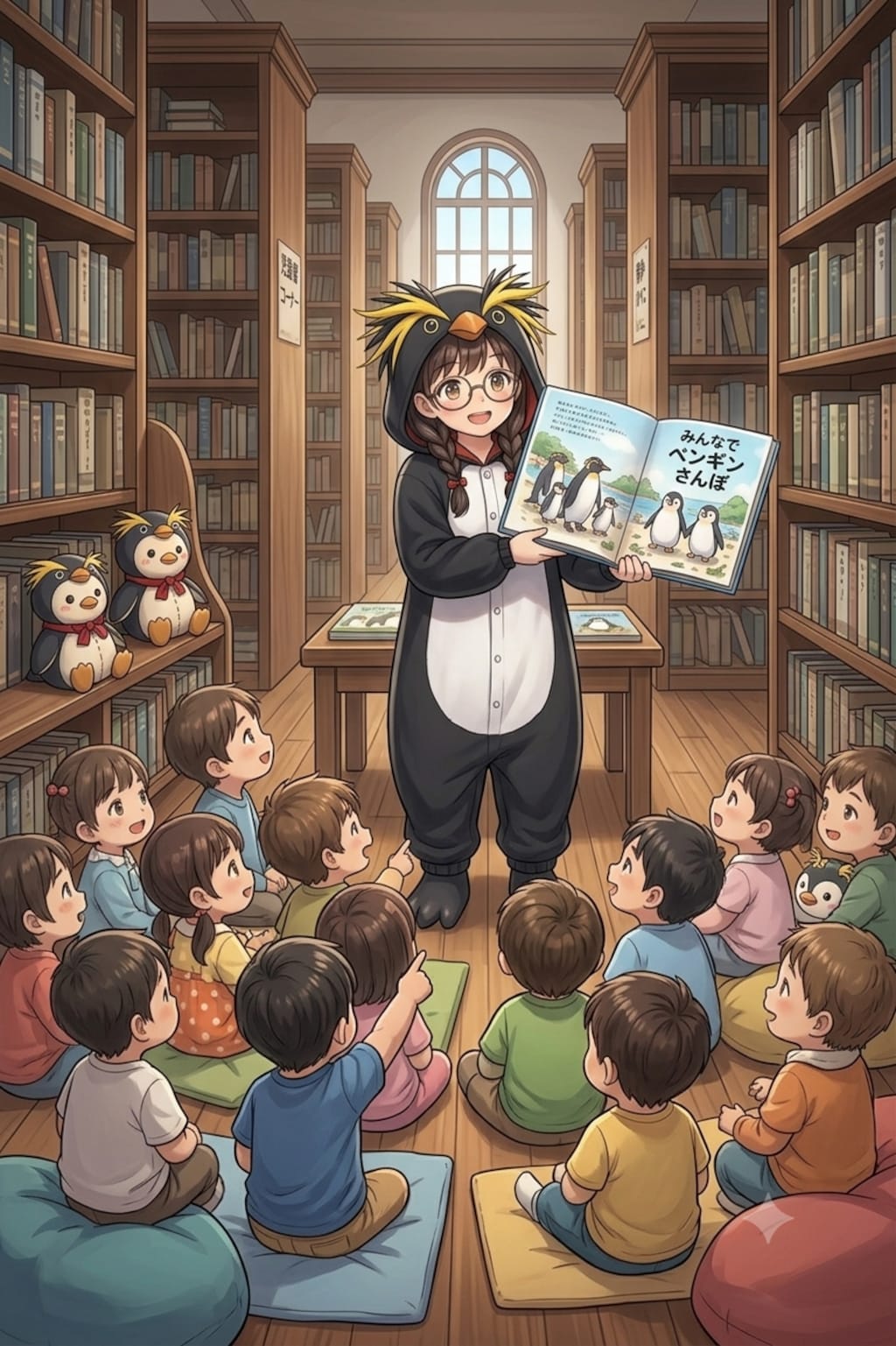 読み聞かせ会・イワトビペンギン着ぐるみ委員長ちゃん