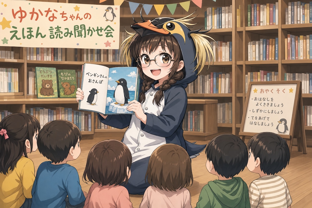 読み聞かせ会・イワトビペンギン着ぐるみ委員長ちゃん