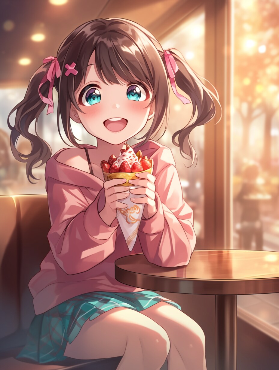 笑顔でチョコクレープを食べる