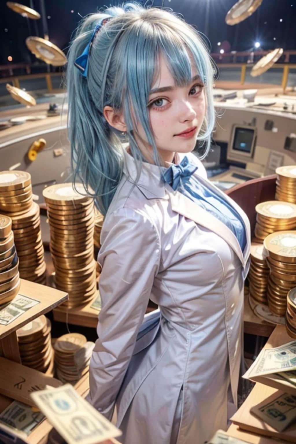 金貨と青髪の人