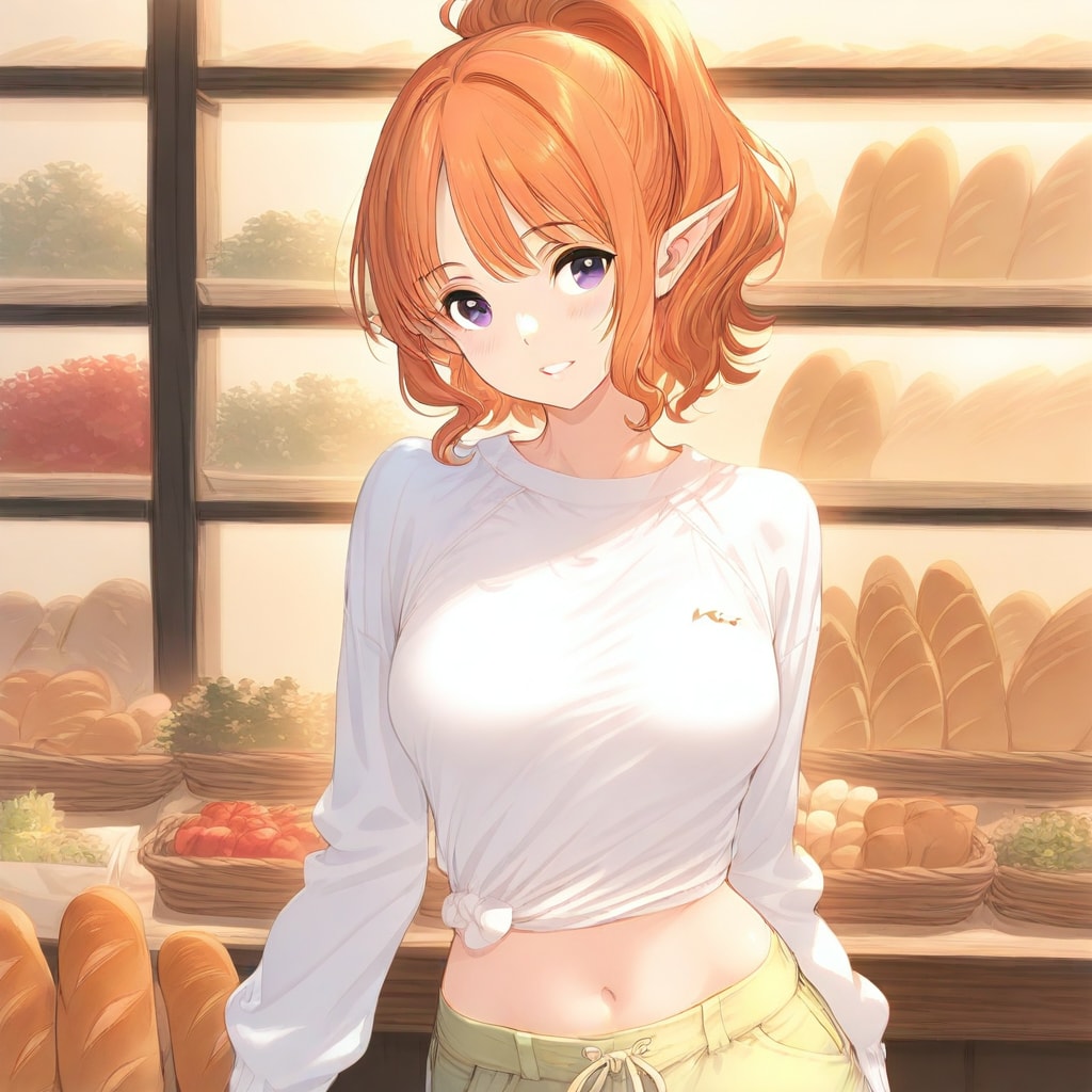 エルフの少女と市場のパン屋