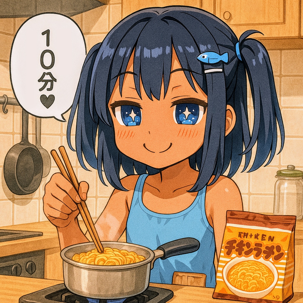 10分茹でチキンラーメンを作るこなつちゃん