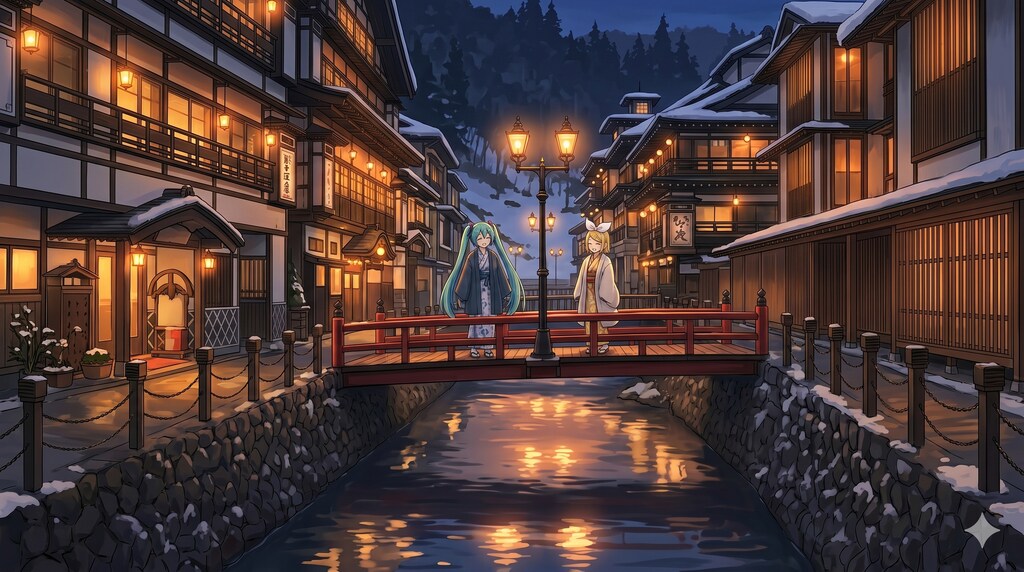 山形旅行をするミクさんとリンさん