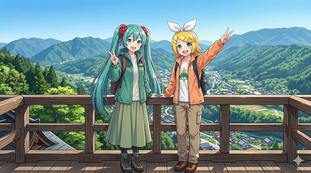 山形旅行をするミクさんとリンさん