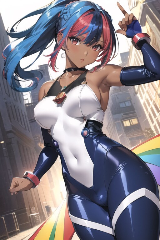 褐色青髪ボディスーツギャル