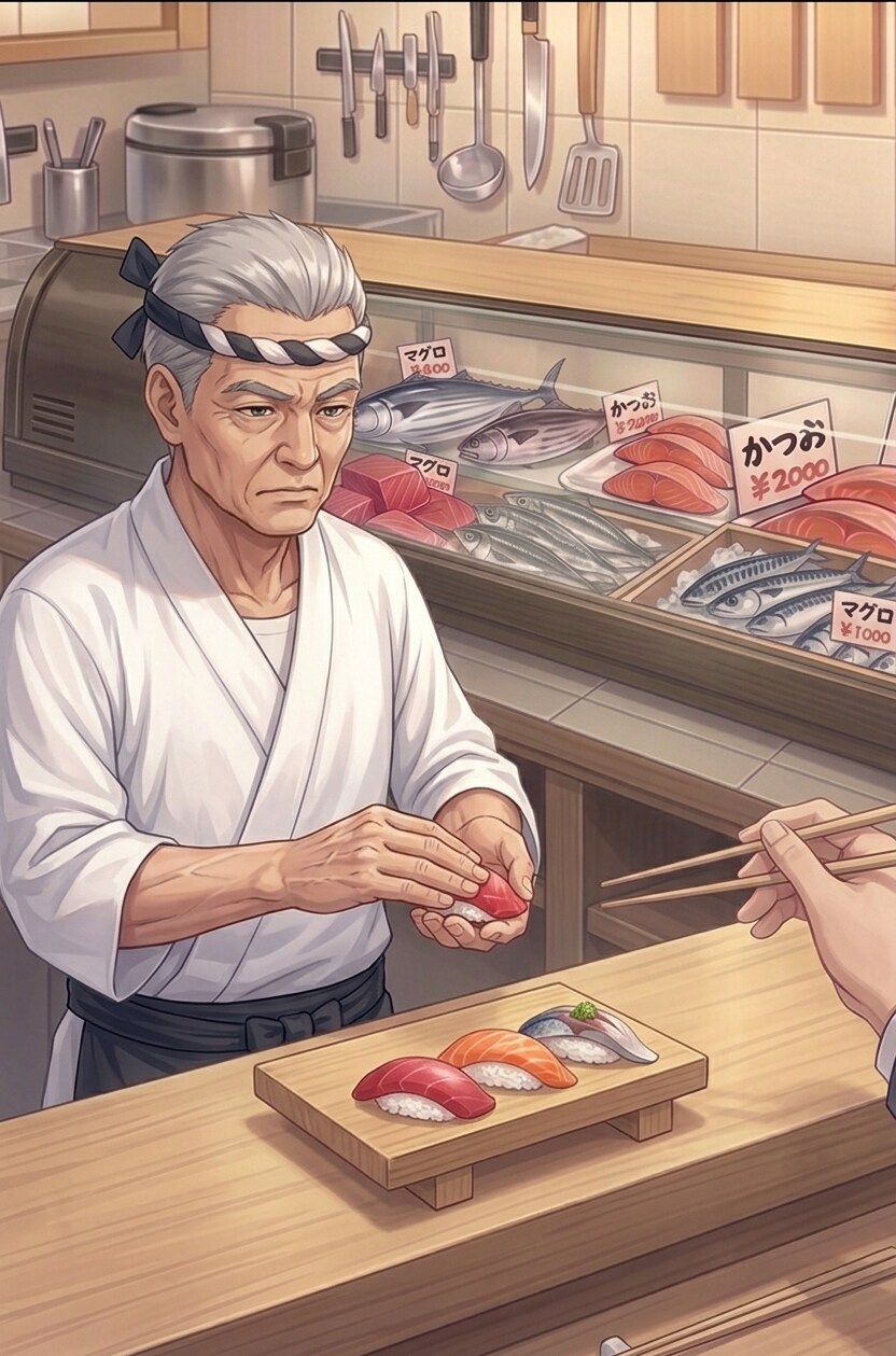 寿司屋の大将「寿司、まごころ込めて握るのさ。」 | の人気AIイラスト・グラビア