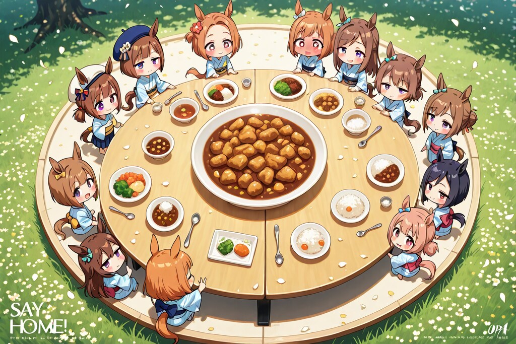 (with a spoon Eat curry and rice), (Fukujinzuke), (Japanese pickle relish), (table and chairs),。