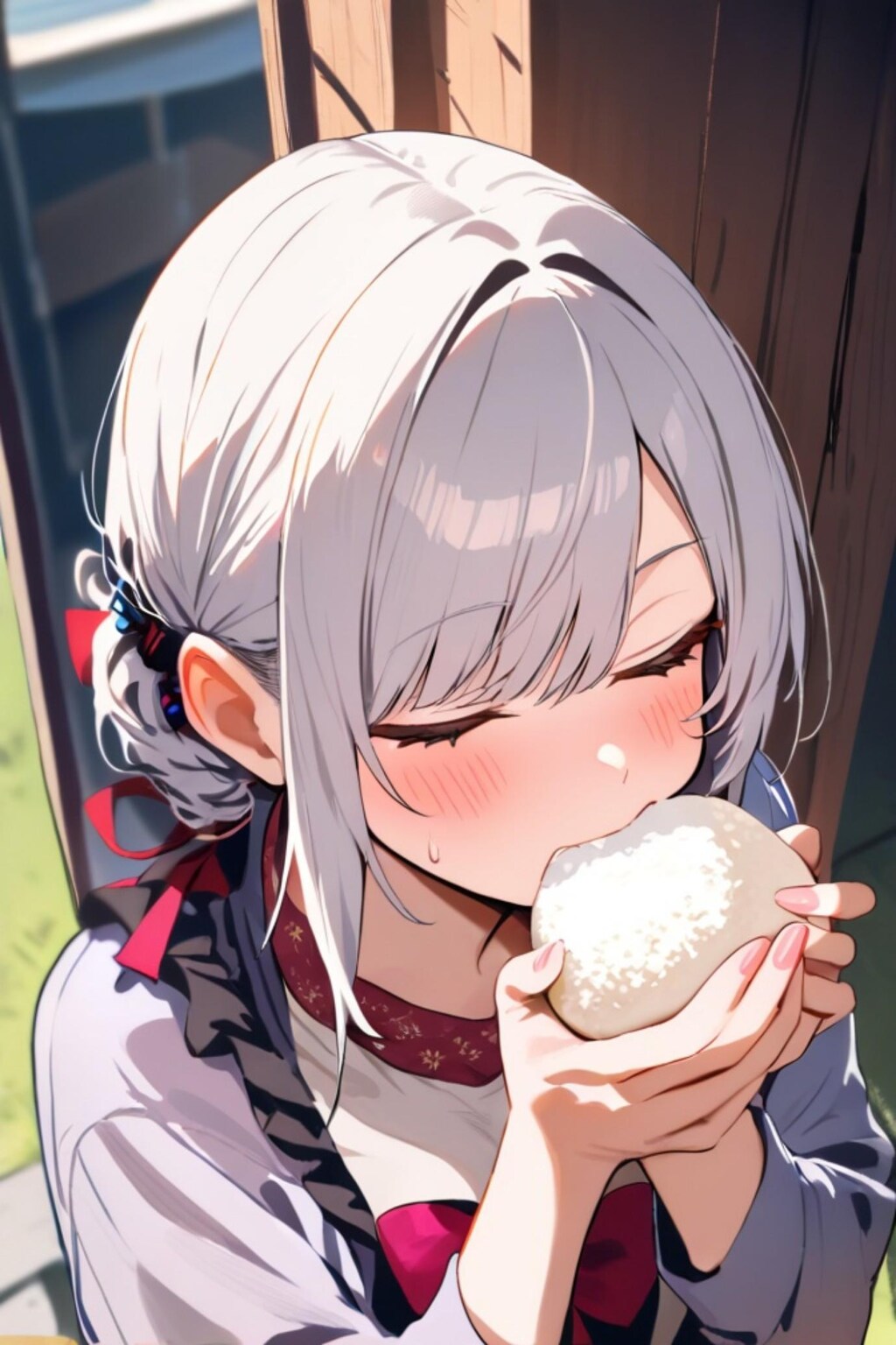 おにぎりを食べる白髪ちゃん