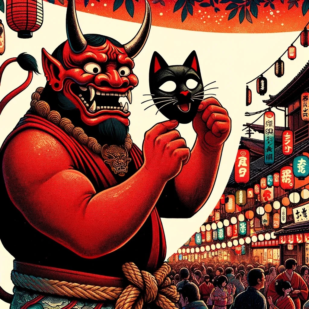 黒ねこのお面をつけた赤鬼