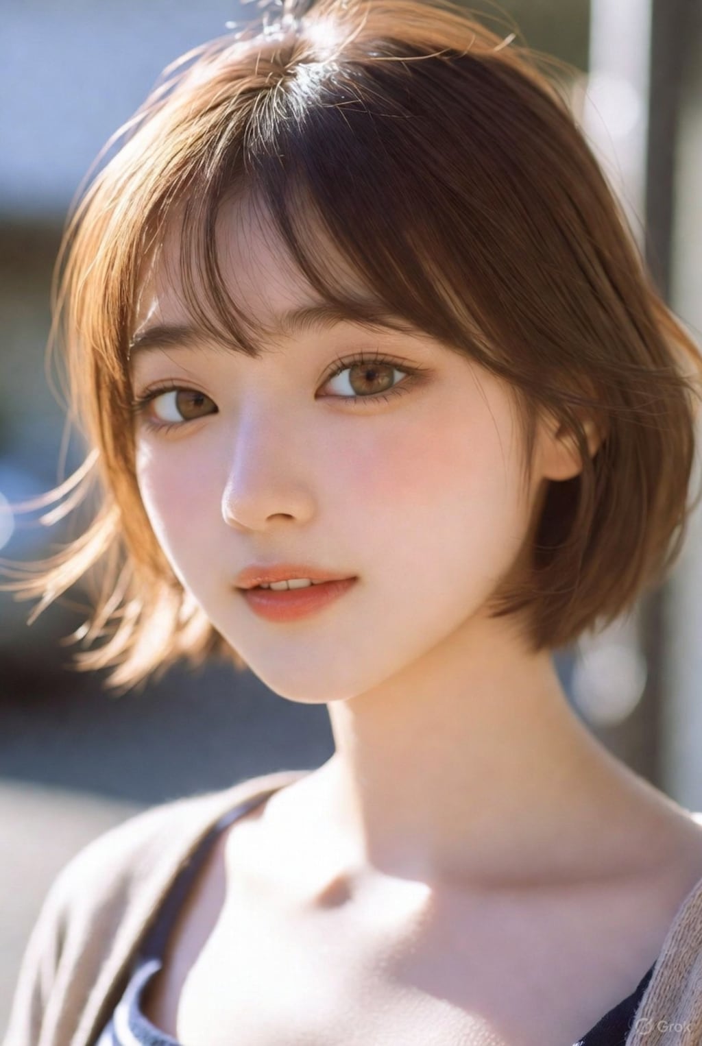 茶髪ボブでブラウスの美女