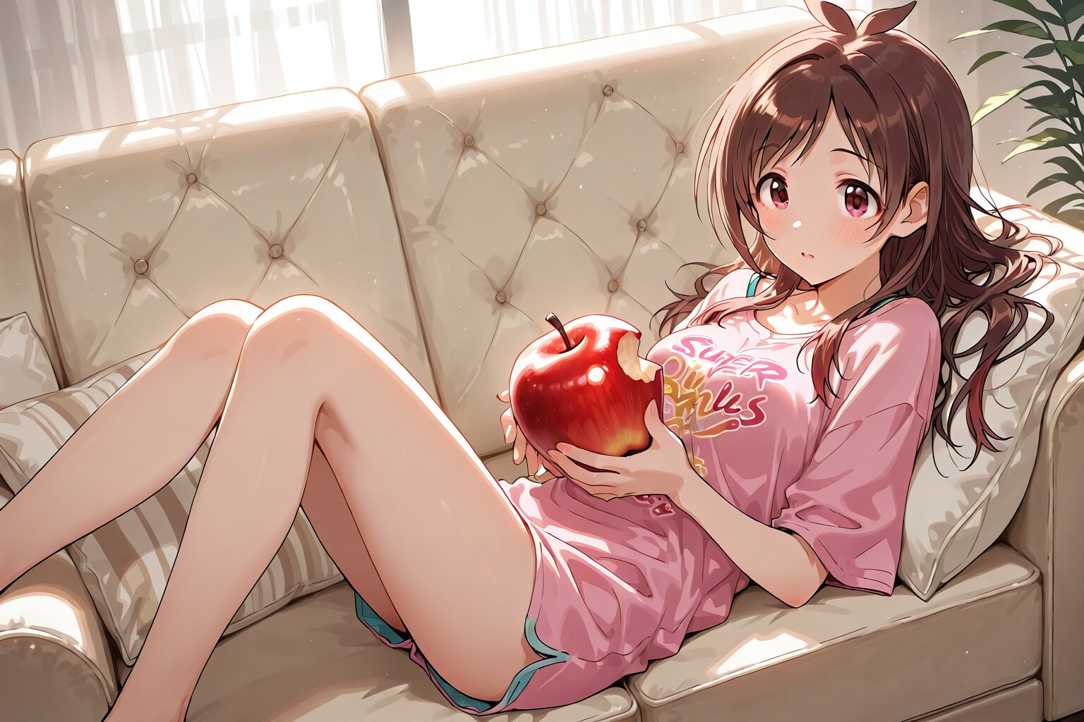 大きなリンゴを抱えて座る辻野あかり。実はぬいぐるみです