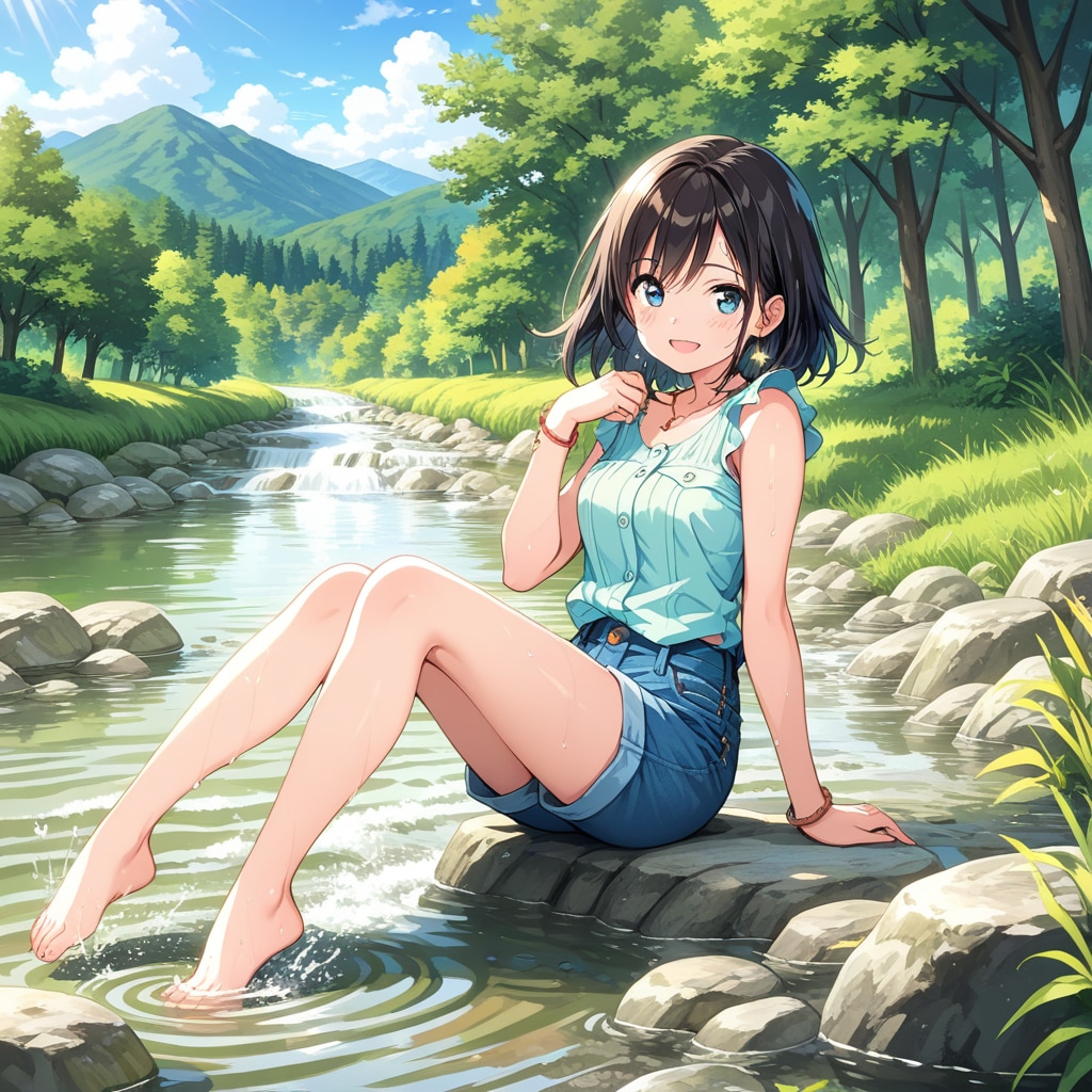 川で涼む