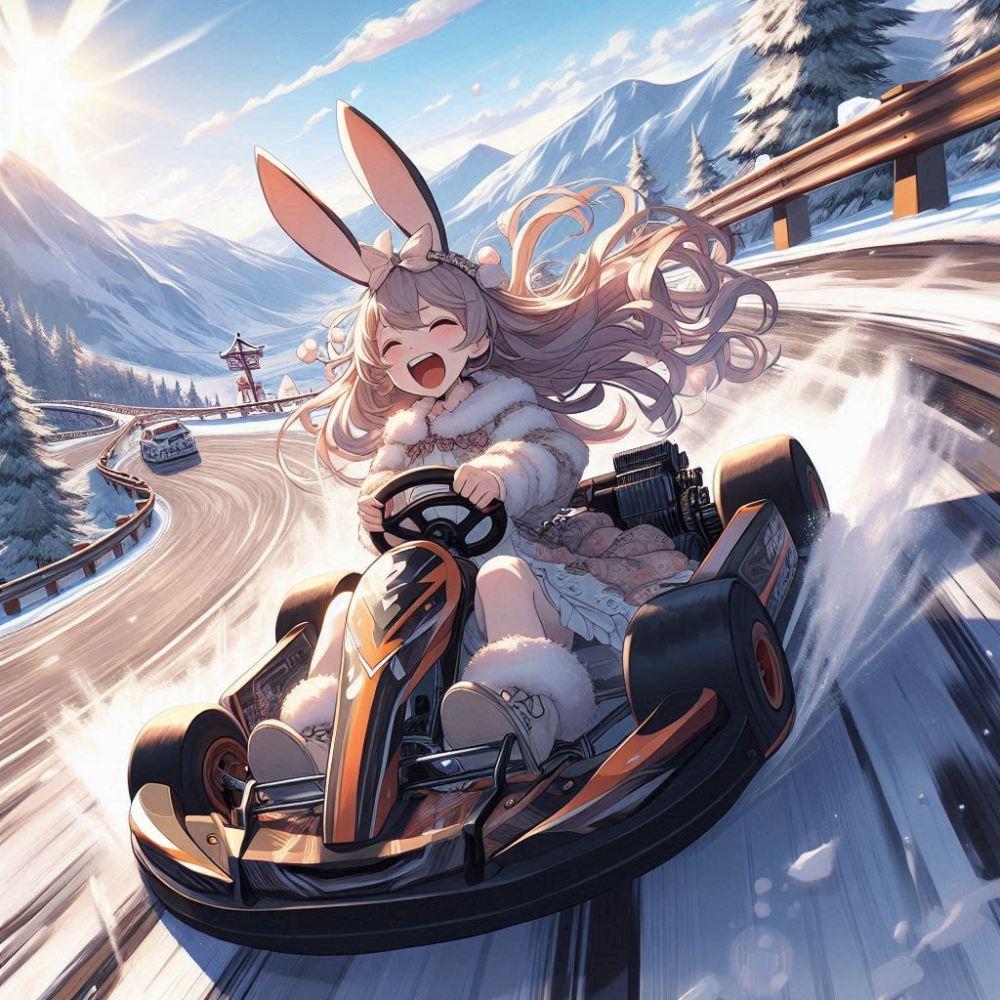 美少女ファンタジー、ゴーカートで山の峠の急カーブをドリフト走行するケモ耳魔法少女