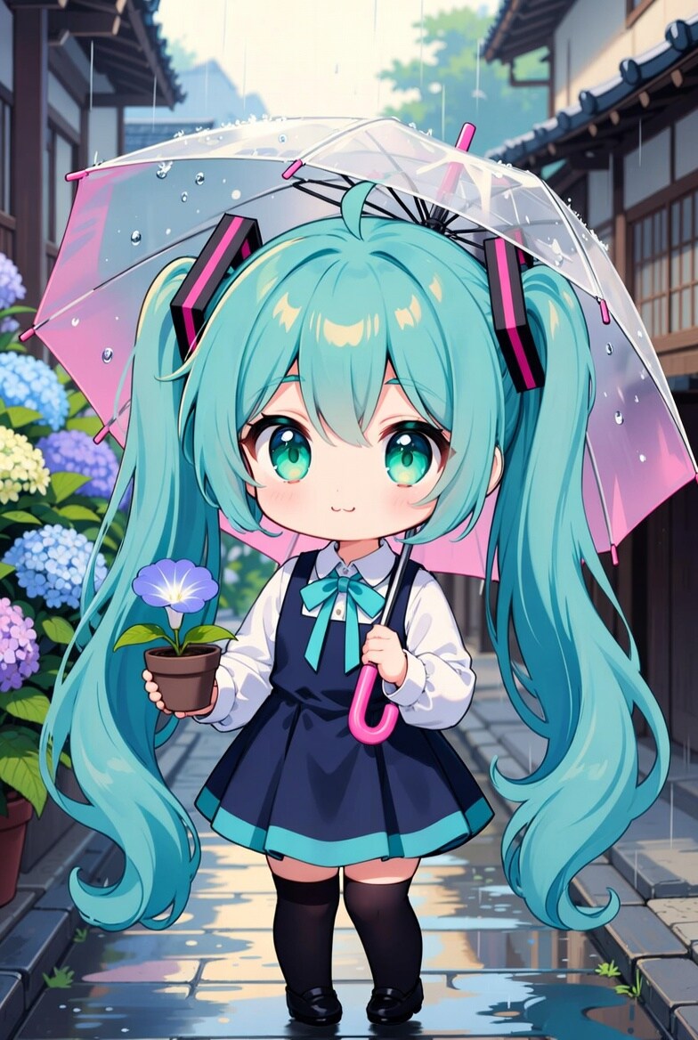 紫陽花とあさがおとちびミクさん　その４