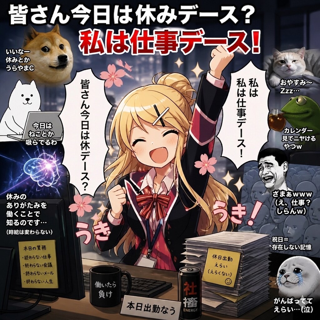 皆さん今日は休みデース？私は仕事デース！