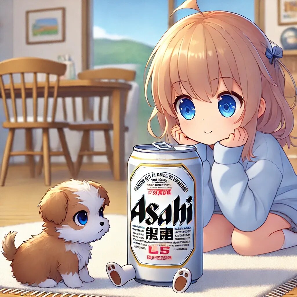 ペットのビール缶と子犬のじゃれあいを眺める小さな女の子