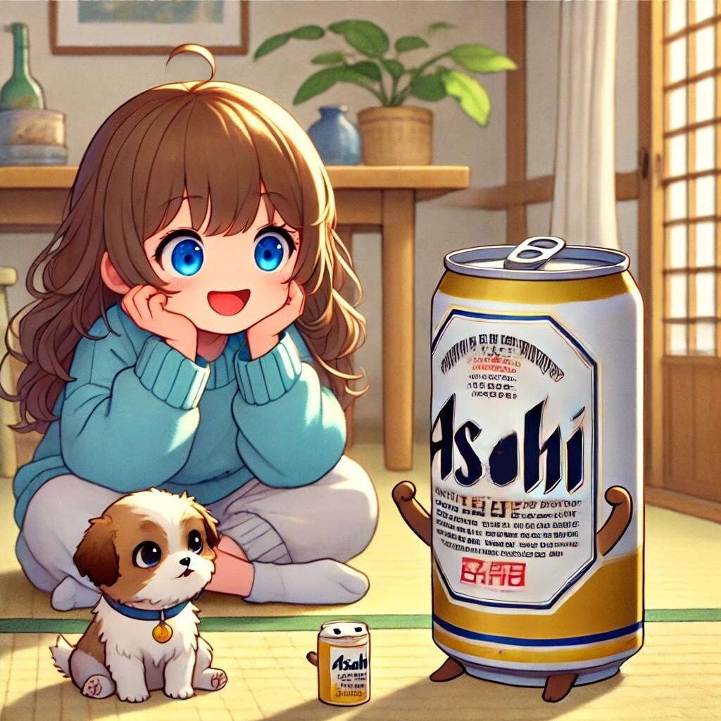 ペットのビール缶と子犬のじゃれあいを眺める小さな女の子