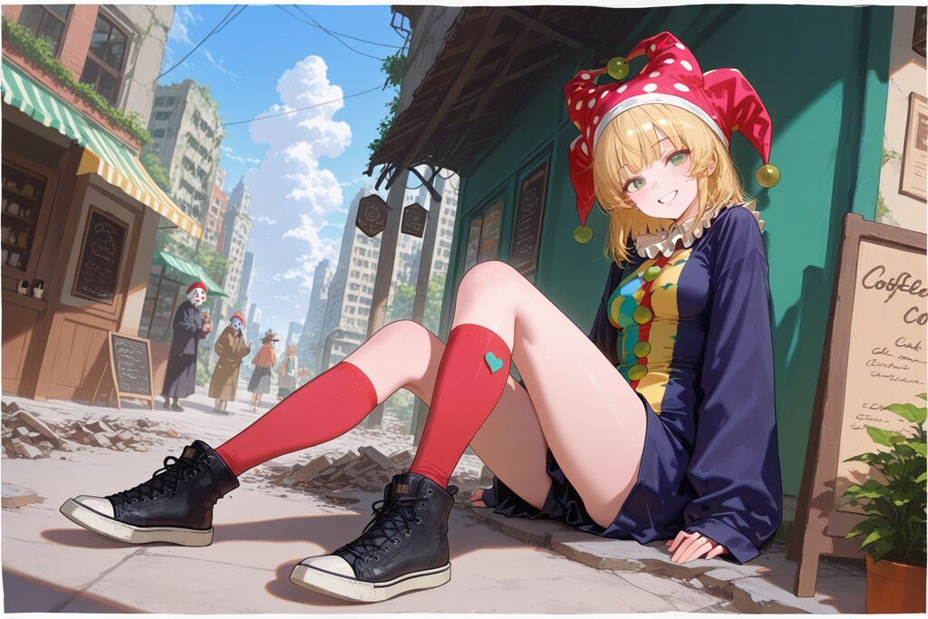 座るふわ子とピエロ