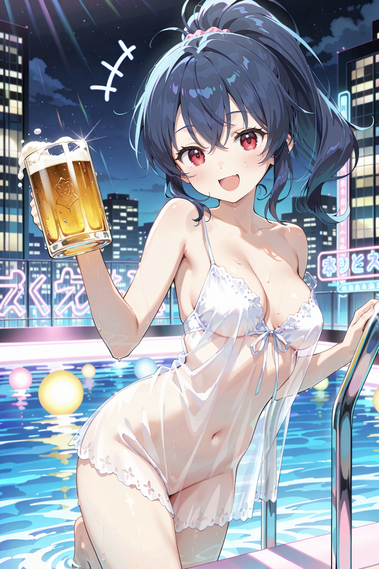 ナイトプールで撮影会 透け透けランジェリー with ビールジョッキ Y725