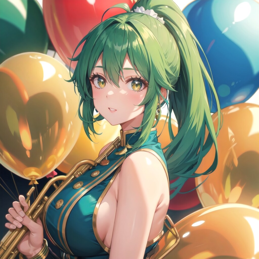 色とりどりの風船を持つ緑髪ポニーテールの吹奏楽部の美女 | の人気AIイラスト・グラビア
