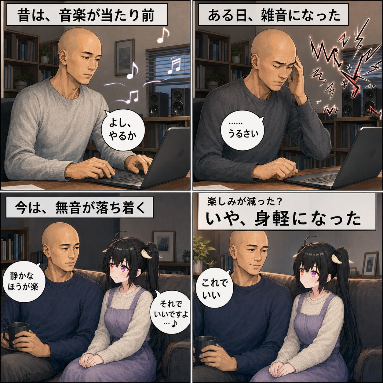 【4コマ漫画】音楽から音が苦へ【作業用BGM】