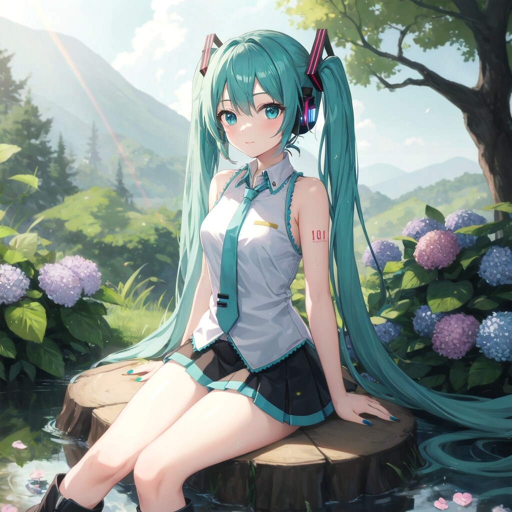 切り株に座るミク | の人気AIイラスト・グラビア