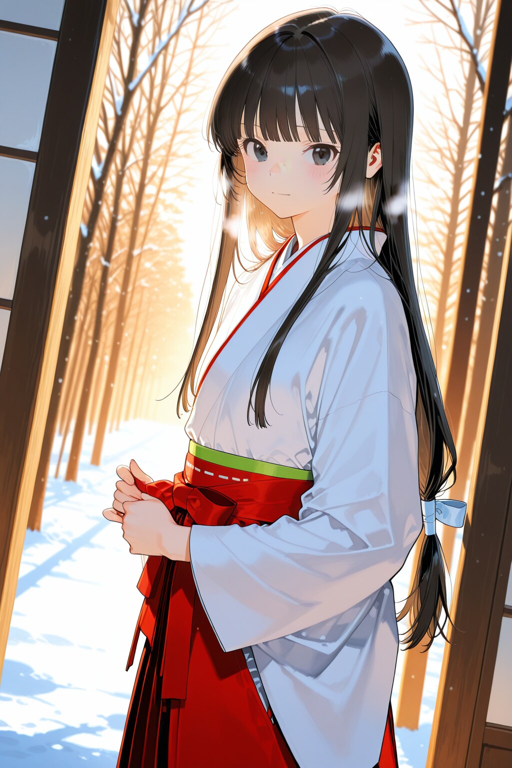 冬の朝の巫女さん