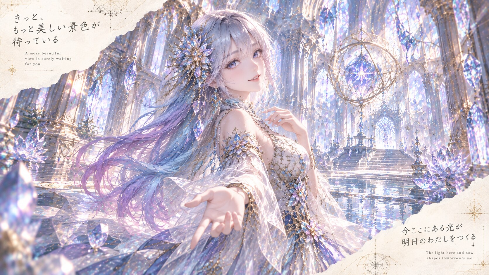 A crystal cathedral of light, a hand reaching out toward whatever comes next.  A more beautiful view | の人気AIイラスト・グラビア
