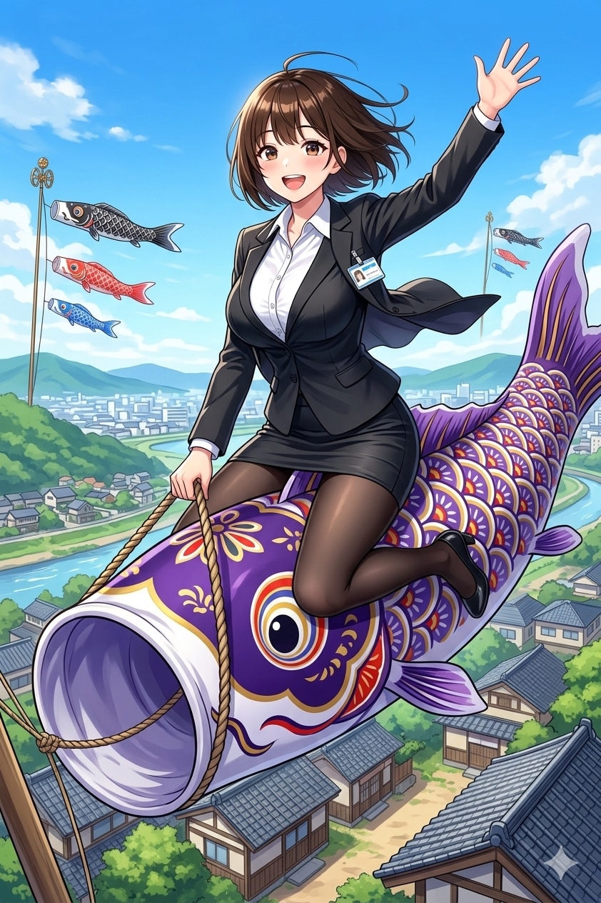 鯉のぼりに乗るアキちゃん