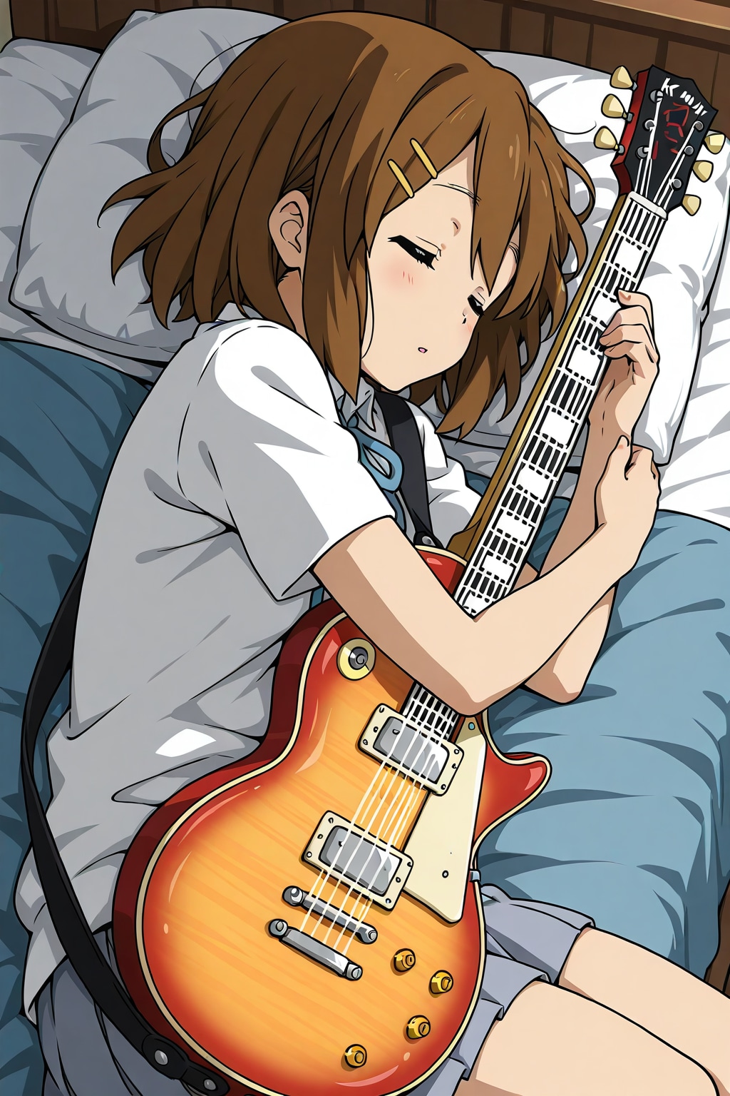 ギー太を抱いて寝る唯ちゃん🎸💤❤️ | の人気AIイラスト・グラビア