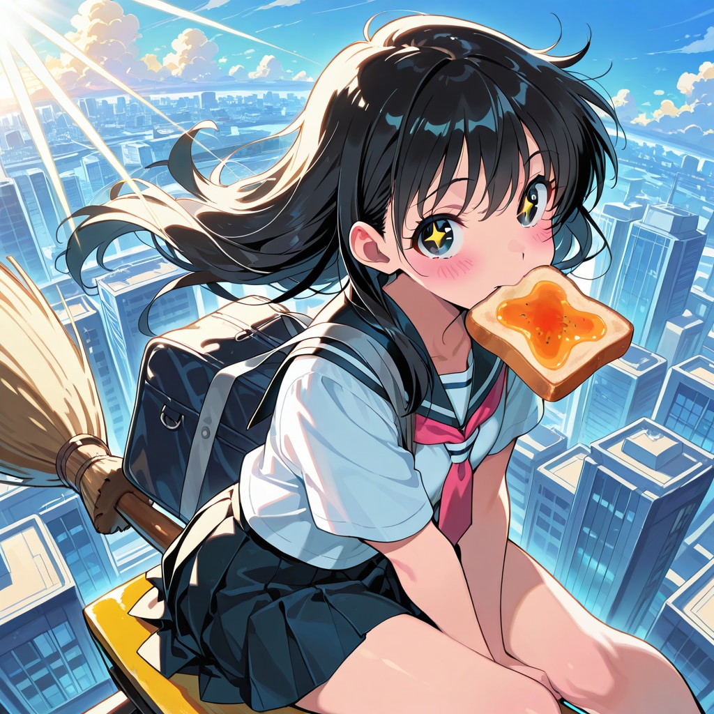 ほうきで登校する魔法少女